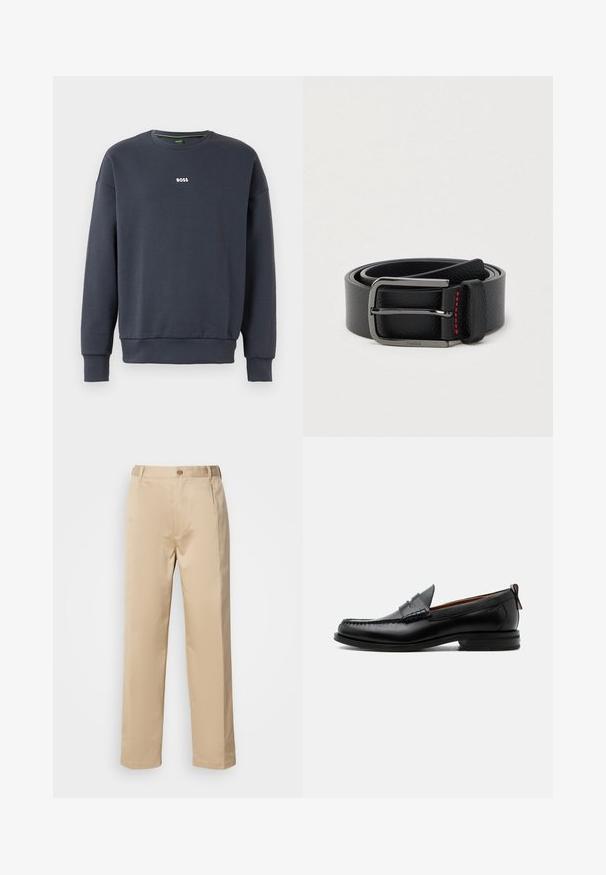 Tumedat sinine sweatshirt pehmest kangast, ümmarguse kaelusega, pikkade varrukatega ja väikese valge "BOSS" logoga rinnal.; Beige püksid, mis on valmistatud kerge materjali, sirge jala disaini, vöökoha, kus on vööaasad, ning ühe esise nupu kinnitusega.; Mustast nahast meeste mokasiin, millel on moc varbaõmblus, penny rihm, tekstuuriga krae ja madal virnastatud konts valgel taustal.; Mustast nahast vöö hõbedase pandla ja punase õmblusega, keritud keraks üheltpoolt heledal taustal.