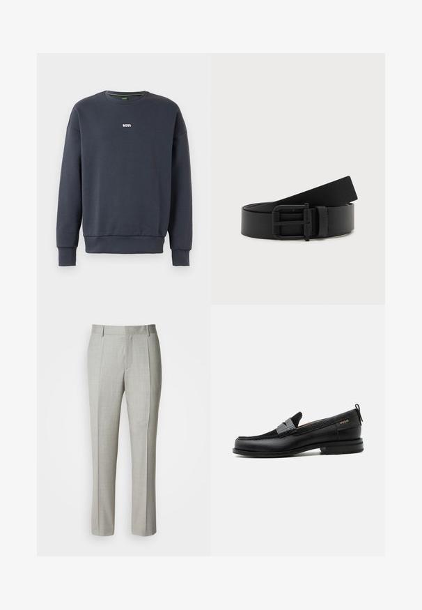 Sweatshirt bleu marine en tissu doux, avec un col rond, des manches longues et un petit logo "BOSS" blanc sur la poitrine.; Pantalon tailleur gris clair en tissu lisse, présentant une coupe droite, des plis à l'avant, et une ceinture classique avec passants pour ceinture.; Mocassin en cuir noir avec détail de bride grise, talon bas et semelle texturée, marqué "HUGO" en or sur le côté.; Ceinture en cuir noir enroulée avec une boucle en métal noir mat sur fond blanc.