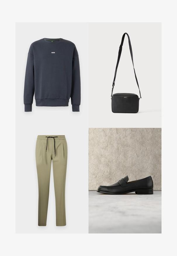 Marineblå sweatshirt lavet af blødt materiale, med rund halsudskæring, lange ærmer og et lille hvidt "BOSS" logo på brystet.; Khaki bukser i en glat stofkvalitet med en afslappet pasform, der har en elastisk talje og snøre. Lige ben med sidelæg.; Sort lædersko i loafer-stil svæver over et beige tæppe med et blankt brunt rundt bord i baggrunden.; Sort rektangulær crossbody taske med justerbar rem og BOSS-logo foran, sat mod en ensfarvet lys baggrund.