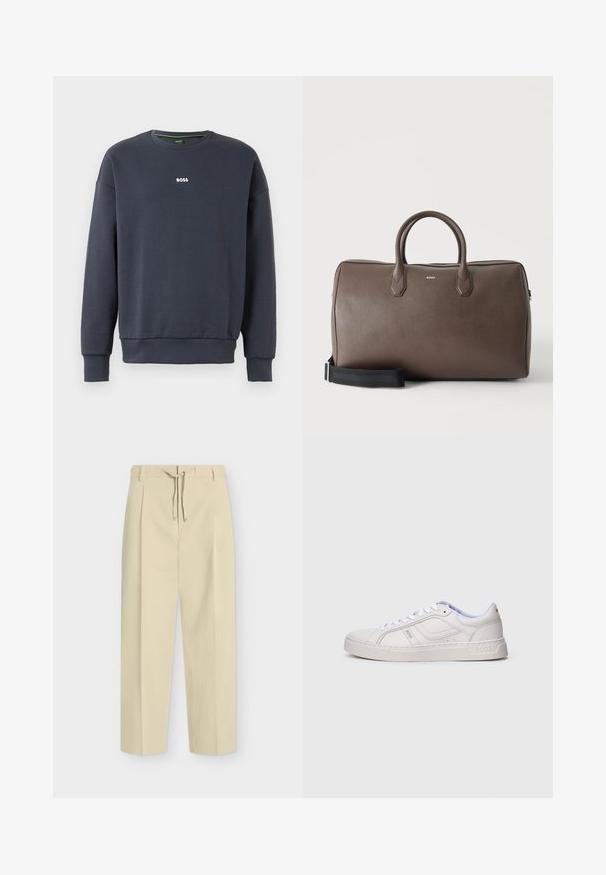 Sudadera azul marino fabricada en un tejido suave, con cuello redondo, mangas largas y un pequeño logo blanco de "BOSS" en el pecho.; Pantalones beige de pierna recta con trabillas para cinturón y lazada frontal, con un diseño limpio y entallado y tela texturizada.; Zapatilla deportiva blanca de perfil bajo con cordones, detalles cosidos y la marca "BOSS" en el lateral y la suela, vista desde el lado exterior.; Bolsa de lona marrón de cuero con dos asas, una correa de hombro negra ajustable y un pequeño logo "BOSS" en el centro frontal.