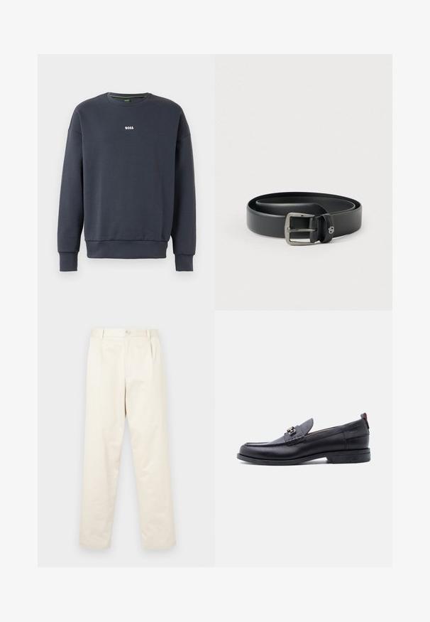 Tumedat sinine sweatshirt pehmest kangast, ümmarguse kaelusega, pikkade varrukatega ja väikese valge "BOSS" logoga rinnal.; Heledad beežist puuvillast chinos püksid sirge lõikega, millel on nupuga sulgemine ja kaks küljetaskut. Sile tekstuur, ilma nähtavate mustriteta.; Mustast nahast mokassiin halli tekstuuriga pealse ja hõbedase metallist pandlaga, madala kontsaga ja tagant tõmblukuga.; Mustast nahast vöö läikiva hõbedase metallist pandlaga, sileda tekstuuriga ja õmmeldud servadega. Omab aasat vöö otsa kinnitamiseks.
