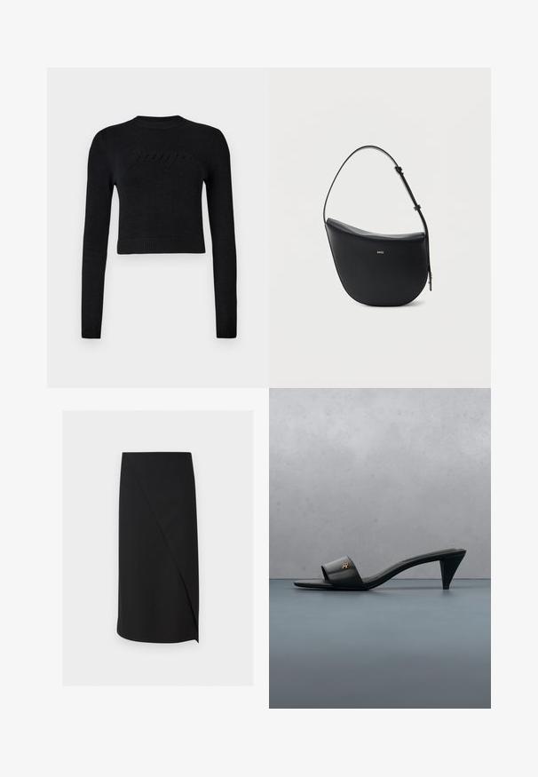 Sort langærmet cropped sweater med ribbenede manchetter og kant, der har et diskret hævet logo på brystet.; Sort knælang pencilskørt med asymmetrisk overlap foran på en hvid baggrund.; Sort læder åben-toe sandal med hæl og guld logo på remmen, der svæver over en flisebelagt udendørs overflade med grønne planter i baggrunden.; Sort halv-måne skuldertaske i læder med justerbar rem og guld "BOSS"-logo centreret foran.