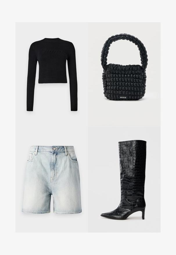 Sort langærmet cropped sweater med ribbenede manchetter og kant, der har et diskret hævet logo på brystet.; Lyseblå denimshorts med knaplukning, fem lommer og en falmet struktur. Lige snit med et klassisk design.; Sorte knæhøje støvler med en blank, krokodillemønstret tekstur, spids tå og en affaset hæl. Glat syntetisk materiale.; Lille sort quiltet håndtaske med kort polstret håndtag og "HUGO" mærke på forsiden, vist mod en ensfarvet lys baggrund.