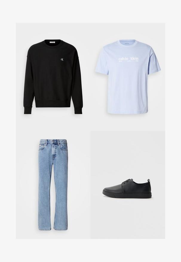Schwarzer Pullover aus Baumwollmischung, mit Rundhalsausschnitt, überschnittenen Schultern und kleinem weißen 'CK'-Logo auf der Brust.; Hellblaues Baumwoll-T-Shirt mit Rundhalsausschnitt, das weißen Textdruck "calvin klein new york city" über der Brust trägt. Kurze Ärmel.; Hellblaue Jeans aus Denim mit geradem Bein, fünf Taschen und Knopfverschluss. Nähte in der Nähe der Taschen und des Bundes.; Schwarze Leder-Sneaker mit glatter Oberfläche, abgerundeter Zehenpartie, gleichfarbiger Nähte, schnürbarem Vorderteil und flacher Gummisohle. Schlaufe an der Ferse.