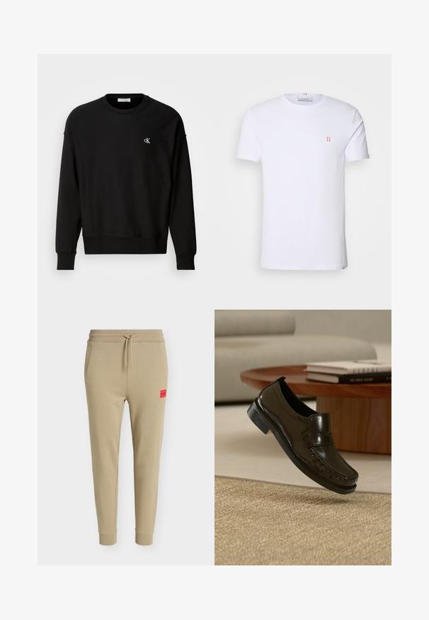 Schwarzer Pullover aus Baumwollmischung, mit Rundhalsausschnitt, überschnittenen Schultern und kleinem weißen 'CK'-Logo auf der Brust.; Weißes Baumwoll-T-Shirt mit kurzen Ärmeln, das ein kleines orangefarbenes "II"-Logo auf der linken Brust und einen Rundhalsausschnitt aufweist. Einfaches Design und Textur.; Beige zulaufende Sweatpants mit elastischem Bund, Kordelzug, Seitentaschen, gerippten Bündchen und einem kleinen roten Hugo-Logo-Patch auf dem linken Oberschenkel.; Schwarzer Leder-Slipper, der über einem beigen gewebten Teppich mit einem hölzernen Couchtisch und Büchern im Hintergrund schwebt.