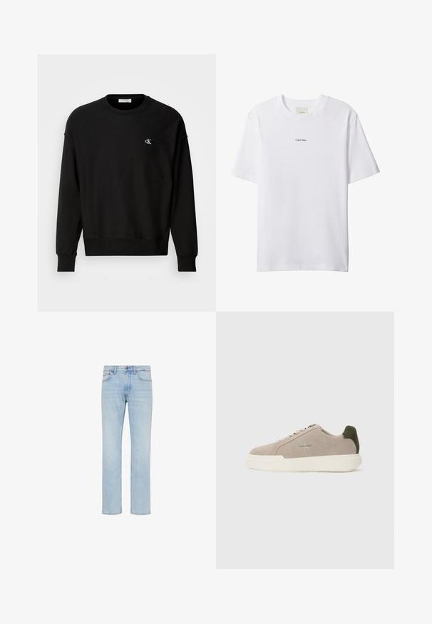 Schwarzer Pullover aus Baumwollmischung, mit Rundhalsausschnitt, überschnittenen Schultern und kleinem weißen 'CK'-Logo auf der Brust.; Weißes Baumwoll-T-Shirt mit Rundhalsausschnitt und kurzen Ärmeln. Auf der Brust zentriert befindet sich ein kleines schwarzes "Calvin Klein"-Logo.; Hellblaue Straight-Leg-Jeans aus Denim mit vorderem Knopf, Reißverschluss und Fünf-Taschen-Design, gezeigt auf weißem Hintergrund.; Beige Wildledersneaker mit einer weißen Gummisohle, die einen dunkelgrünen Akzent an der Ferse und dezente Markenaufschrift an der Seite aufweisen.