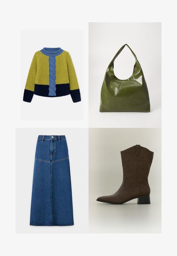 Pull épais tricoté avec partie supérieure et manches jaunes, manches inférieures et ourlet bleu marine, et panneau central en câbles bleu avec col assorti.; Jupe midi en denim bleu avec boutons sur le devant et détails de couture, légèrement évasée de la taille à l'ourlet sur fond blanc.; Botte western en daim marron mi-mollet avec bout pointu, motif brodé subtil, languette de tirage et petit talon bloc sur fond clair.; Sac hobo en cuir vert au design décontracté, avec une poignée incurvée et une texture lisse. Ne contient aucun matériel ou accent visible.