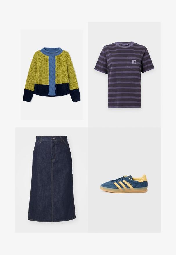 Pull épais tricoté avec partie supérieure et manches jaunes, manches inférieures et ourlet bleu marine, et panneau central en câbles bleu avec col assorti.; T-shirt violet à rayures avec une poche sur la poitrine gauche, présentant des rayures noires horizontales. Tissu doux, manches courtes, col rond.; Jupe en denim foncé à taille haute, coupe droite, poches avant et coutures surpiquées. Fermeture à glissière et bouton à la taille.; Baskets en daim bleu avec accents jaunes, comportant trois bandes jaunes, une languette texturée et une semelle extérieure en gomme translucide. Nom de la marque "Gazelle" visible.