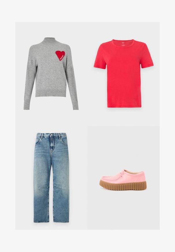 Pull en tricot gris avec un col montant, présentant un design de cœur rouge brodé avec le mot "FUTURE" sur le côté gauche.; T-shirt rouge à manches courtes en coton. Il présente un col rond classique et un design simple sans motifs ni accents.; Jean droit bleu clair avec taille haute, fermeture avant par boutons et zip, avec des détails délavés sur les genoux et les cuisses.; Chaussure en cuir rose basse avec semelle épaisse marron à rainures et couture style mocassin sur fond gris clair.