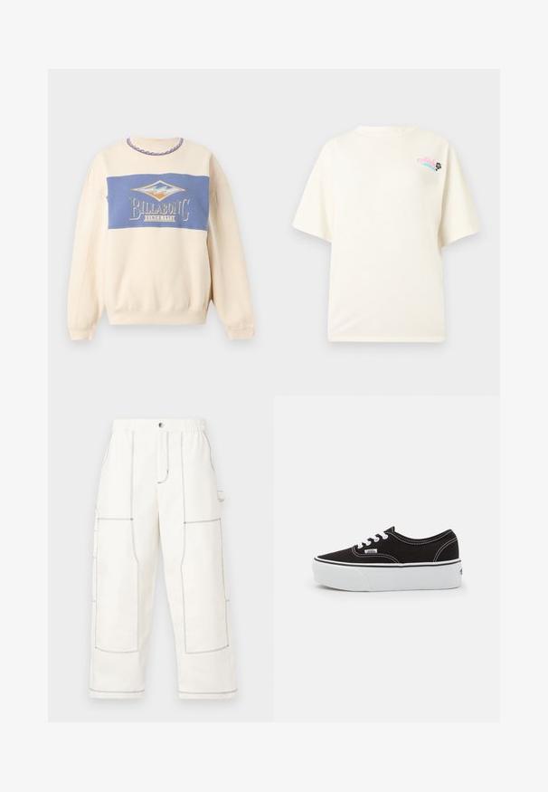 Sweat crème avec panneau bleu sur la poitrine, portant le logo Billabong et le texte « Since 1973 », motif vague sur la bordure du col.; T-shirt à manches courtes de couleur crème avec un petit texte rose « Aloha » et un motif de fleur d'hibiscus noire sur la partie supérieure gauche de la poitrine.; Pantalon cargo blanc en matière robuste, avec de grandes poches, des coutures noires contrastantes, une taille élastique et une coupe décontractée.; Baskets en toile noires avec une semelle en caoutchouc blanc, dotées de lacets et de coutures blanches, marquage emblématique sur le côté, design basse.