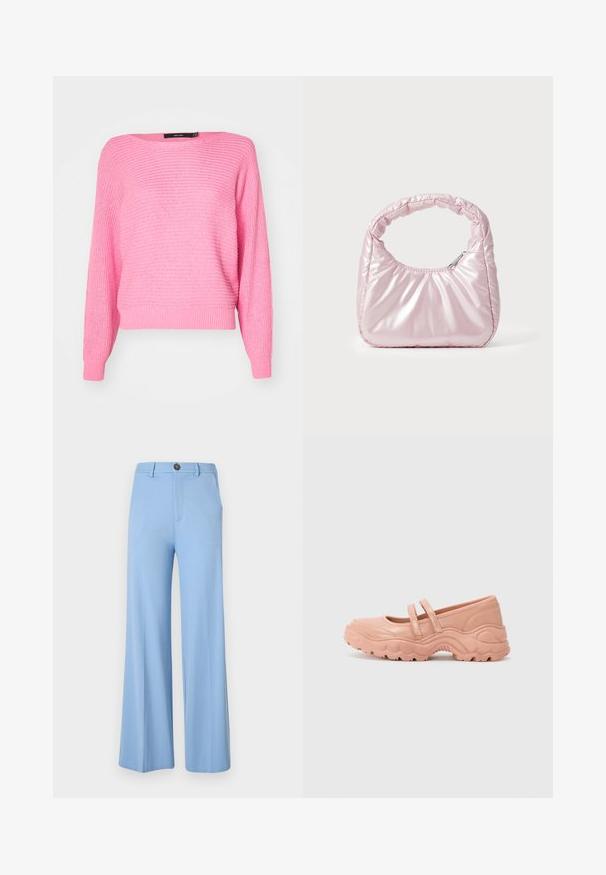 Suéter de punto rosa con un ajuste holgado, escote amplio y mangas largas. Presenta textura de puños y dobladillo acanalados.; Pantalones de pierna ancha en azul claro, hechos de una tela suave, con cierre de botón y bolsillos frontales. Diseño limpio y ajustado sin patrones.; Zapatos Mary Jane de cuero rosa con dos cierres de correa, suela de goma gruesa, punta redondeada, acabado sutilmente brillante y diseño de olas texturizado en la suela.; Bolso de mano acolchado en color rosa con un diseño redondeado, fabricado en material brillante. Presenta un asa fruncida y un cierre de cremallera para un acceso seguro.