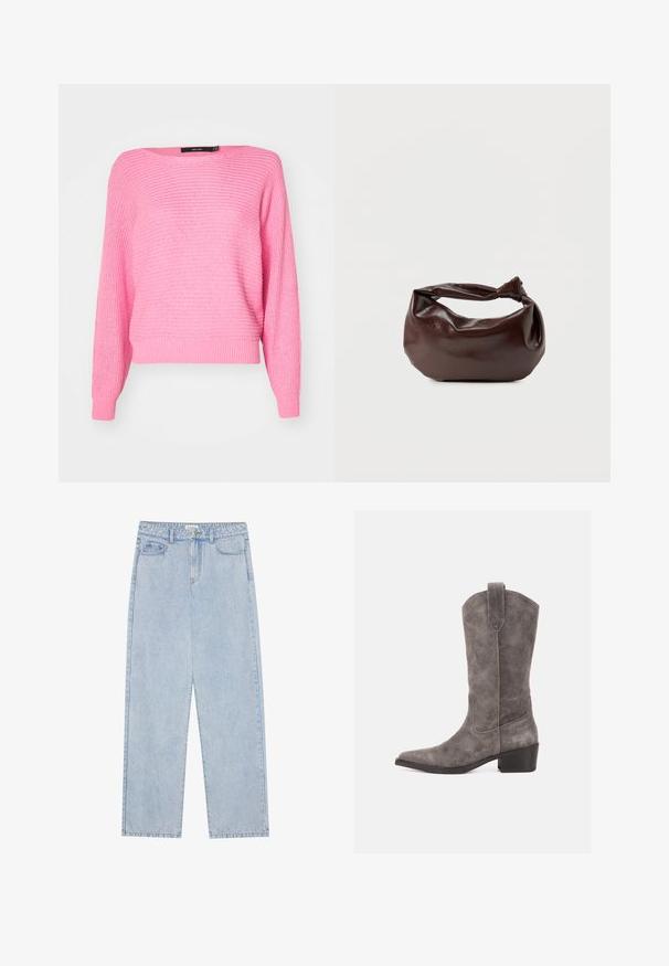 Roze gebreide trui met een losse pasvorm, brede halslijn en lange mouwen. Voorzien van ribgebreide manchetten en zoomtextuur.; Lichtblauwe, high-waisted denim jeans met een straight-leg snit, vijf zakken en zichtbare stiksels. Het materiaal heeft een klassieke wassing.; Grijze suède westernlaars tot halverwege de kuit met puntige neus, aantreklus en lage gestapelde hak op een witte achtergrond.; Donkerbruine leren schoudertas met een zachte, slungelige vorm en een gedraaide knoopvormige handgreep op een effen witte achtergrond.