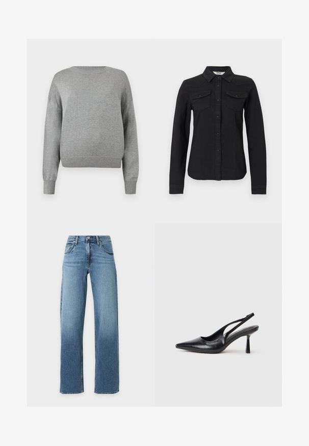 Pull en tricot gris clair à manches longues, col rond côtelé, poignets et ourlet côtelés, présenté sur un fond blanc.; Chemise noire à manches longues avec deux poches à rabat sur la poitrine et un col pointu, coupe cintrée, sur fond blanc.; Jean bleu taille haute à jambes droites avec poches avant, passants de ceinture, et fermeture par bouton et fermeture éclair.; Chaussure à talon haut en cuir noir, à bride arrière, avec un bout pointu et un talon fin sur fond blanc.