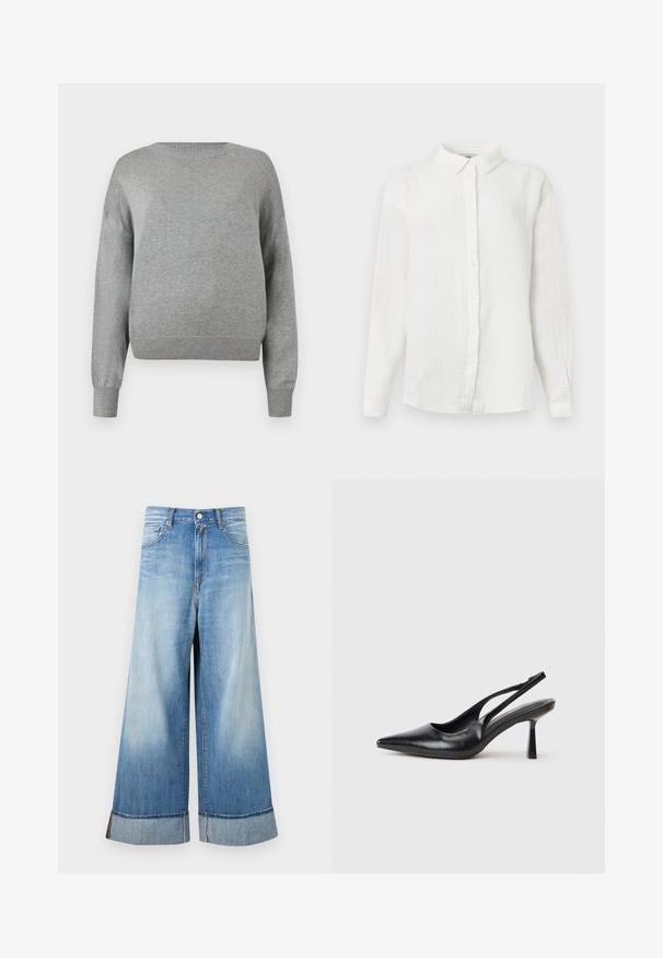 Pull en tricot gris clair à manches longues, col rond côtelé, poignets et ourlet côtelés, présenté sur un fond blanc.; Chemise blanche à manches longues en tissu froissé, avec col pointu et fermeture à boutons sur le devant, présentée sur un fond uni.; Jean en denim bleu à jambes larges avec ourlets retroussés, bouton devant, fermeture éclair et design à cinq poches.; Chaussure à talon haut en cuir noir, à bride arrière, avec un bout pointu et un talon fin sur fond blanc.