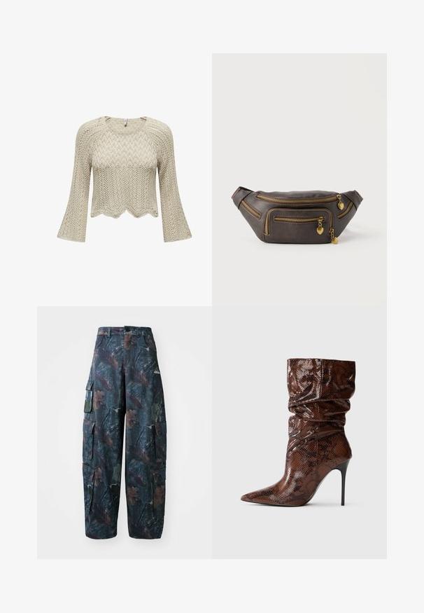 Pull court tricoté en beige, avec un ourlet festonné, des manches évasées et un motif chevron texturé sur l'ensemble.; Pantalons cargo camouflage en vert foncé et marron, dotés de plusieurs poches et d'une coupe décontractée, fabriqués à partir d'un tissu léger et résistant.; Bottines en cuir fléchies avec un motif serpent marron, à bout pointu et talon aiguille noir haut et fin, sur fond blanc.; Sac banane en cuir brun foncé avec plusieurs fermetures éclair en or, chacune ornée d'un petit pendentif en forme de cœur.
