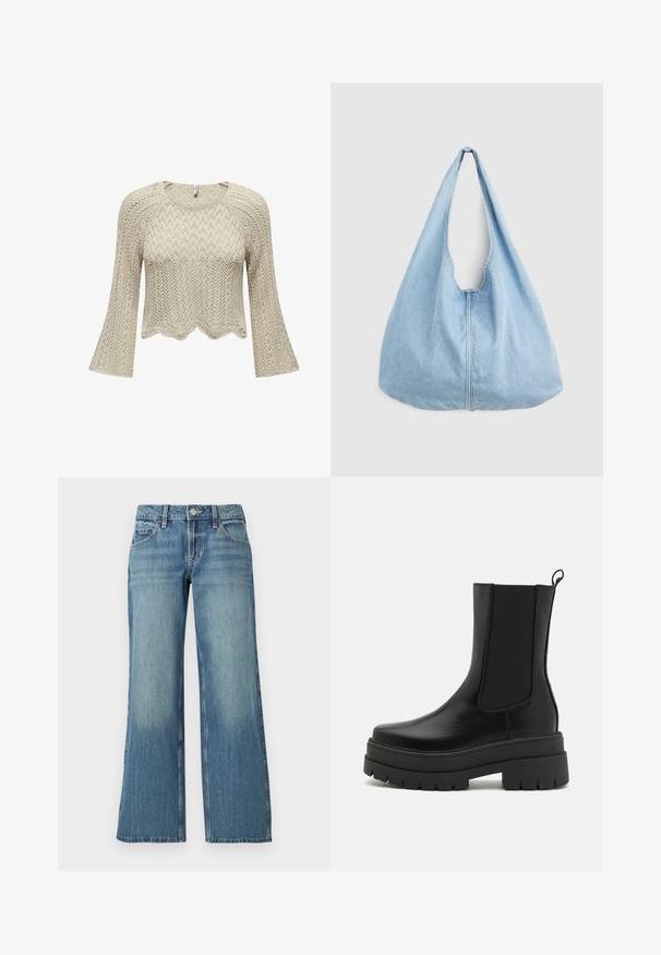 Pull court tricoté en beige, avec un ourlet festonné, des manches évasées et un motif chevron texturé sur l'ensemble.; Jean en denim bleu clair à coupe large, avec une taille mi-haute, des poches avant et un léger délavage, affichant une texture lisse.; Simmi London FINLAY - Bottines à plateau - black; Sac d'épaule en denim bleu clair avec une large bandoulière et une couture centrale visible, présenté sur un fond gris clair uni.