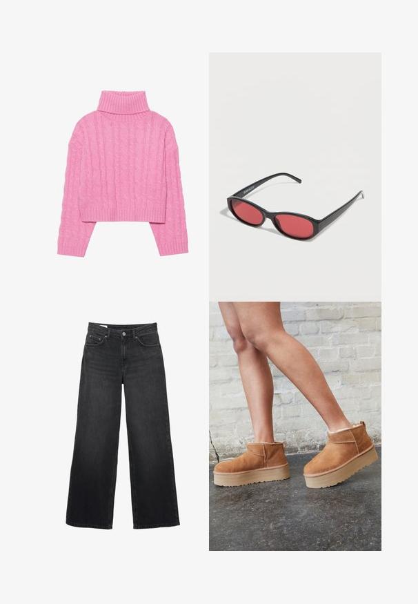 Beskaaret lyserødt turtleneck sweater lavet af tekstureret kabelstrik, med ribbeder i kraven og manchetterne, lange ærmer og en tæt pasform i kanten.; Sorte viddebukser i jeans med høj talje, lukning med forreste knap og lynlås, bæltestropper og femlommesdesign.; Brune ruskinds ankelsko med en blød foring, tyk beige plattformsål og en bageste løkke. Tekstureret overflade med synlige sømdetaljer.; Sorte ovale solbriller med tynde arme og rødtonede linser, der ligger på en hvid overflade.