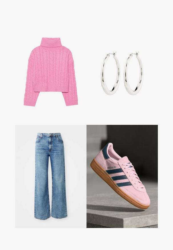 Beskaaret lyserødt turtleneck sweater lavet af tekstureret kabelstrik, med ribbeder i kraven og manchetterne, lange ærmer og en tæt pasform i kanten.; Lysblå denim bredbente jeans med høj talje, der har fem lommer, knaplukning øverst og kontrastsyninger langs sømmene.; Lyserød ruskindssneaker med marineblå tre striber, gummisål og lyserøde snørebånd. Har "SPEZIAL"-branding på siden.; Sølvøreringe i form af hoops med en glat, blank finish. Cirkulær form, der har en sikker lås. Simpelt og elegant design.