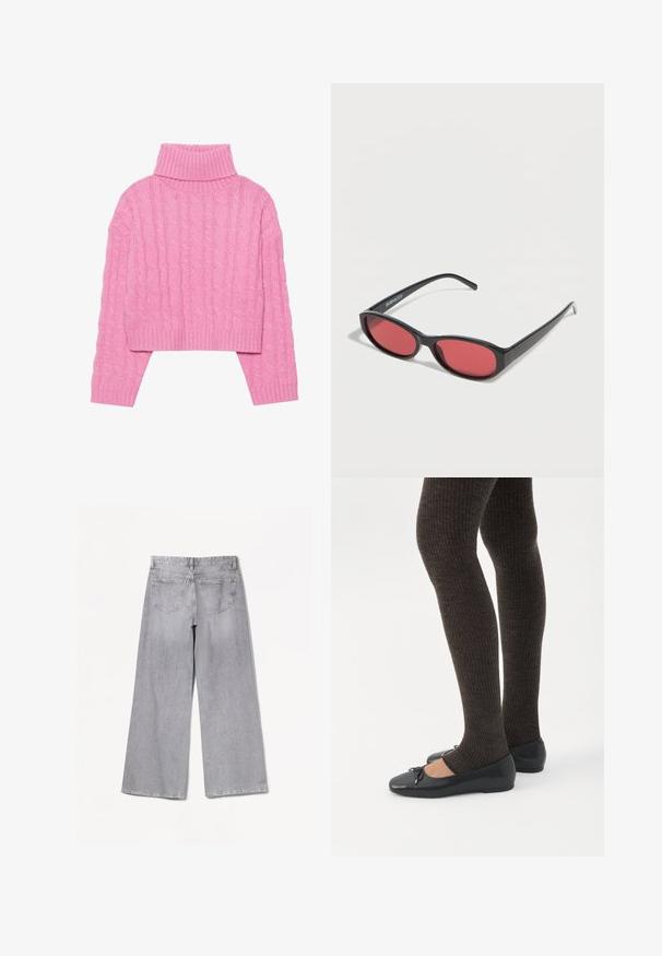 Pull col roulé rose raccourci en tricot à relief, avec un col et des poignets côtelés, des manches longues et un ourlet ajusté.; Jean large gris à taille haute, avec une texture lisse, deux poches arrière et des détails de couture subtils.; Jambes portant des leggings côtelés foncés associés à des ballerines noires avec de petits détails en nœud sur fond blanc.; Lunettes de soleil ovales noires avec des branches fines et des verres teintés rouges posées sur une surface blanche.