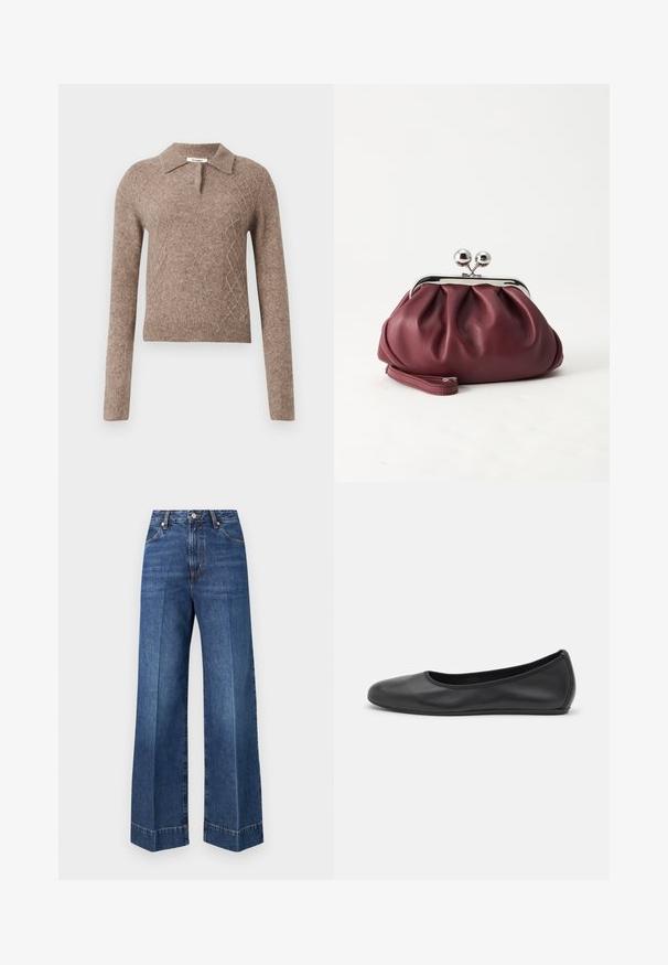 Pull en laine marron avec un col, présentant un motif en losanges et des manches longues, terminé par des poignets et un ourlet côtelés.; Jean en denim bleu à taille haute, jambes larges, poches avant, fermeture par boutons, avec des détails de couture visibles sur un fond blanc uni.; Ballerines en cuir noir avec un bout rond, texture lisse, détails de couture minimalistes et design de semelle flexible.; Petit sac pochette en cuir bordeaux avec fermoir métallique argenté et bracelet sur fond blanc.