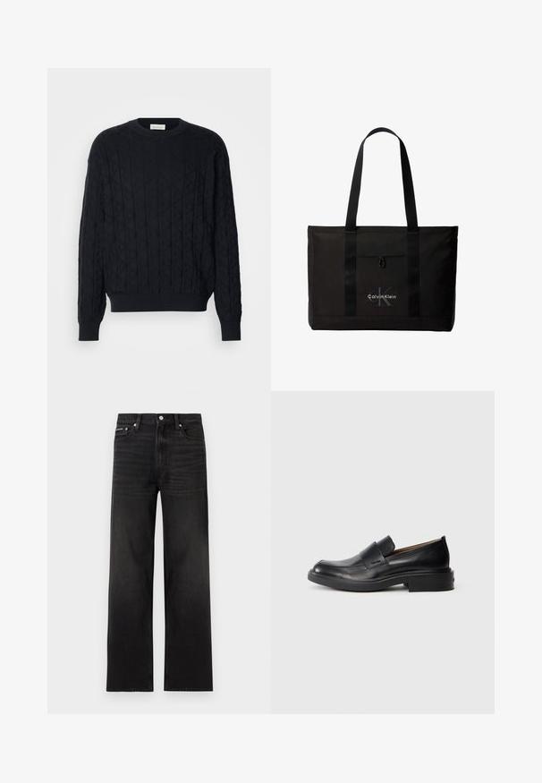Suéter de punto negro con un patrón de textura de diamante, cuello redondo y puños y dobladillo acanalados. Fabricado con un tejido suave y cálido.; Jeans negros de pierna recta con diseño de cinco bolsillos, presillas para cinturón y cierre de botón, mostrados sobre un fondo blanco.; Zapato de vestir negro de cuero sin cordones con tacón bajo y un sutil logo de Calvin Klein en el lateral, mostrado en perfil sobre un fondo blanco.; Bolso tote negro de Calvin Klein con dos asas largas y bolsillo delantero, con el logo de la marca en blanco y gris.