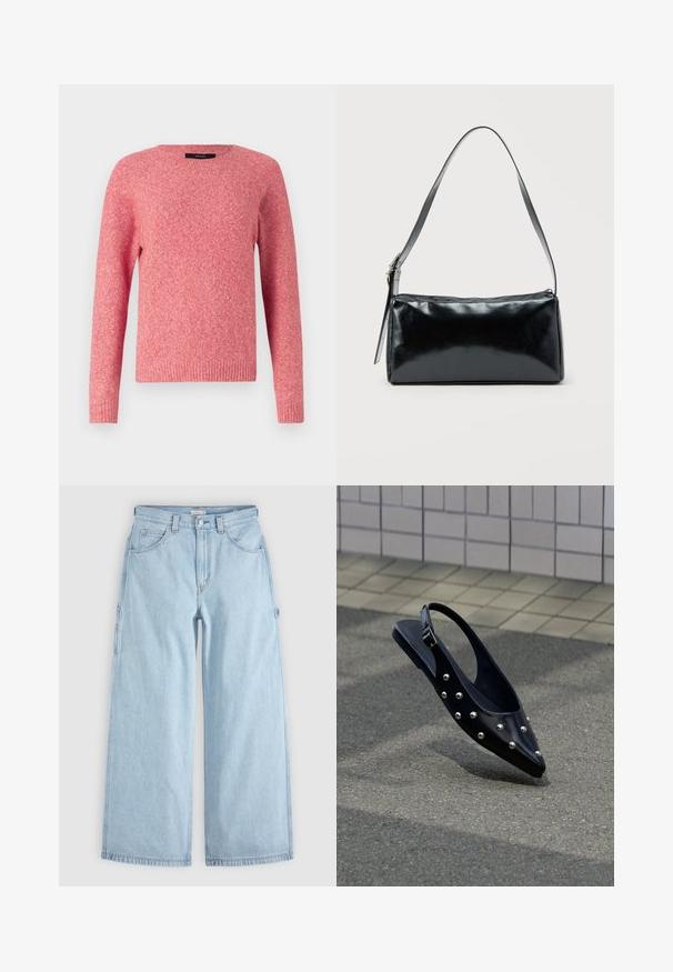 Rode gebreide trui met een ronde halslijn en lange mouwen. Beschikt over een textuurstof en ribbelboorden aan de mouwen en onderkant.; Lichtblauwe denim jeans met wijde pijpen, voorzakken, riemlussen en zijlusjes voor gereedschap, plat gelegd op een grijze achtergrond.; Zwarte puntige slingback schoen met zilveren studs, zwevend boven asfalt bij een achtergrond van betegelde muur.; Zwarte rechthoekige schoudertas met een enkele verstelbare band en een bovenste ritssluiting op een effen achtergrond.