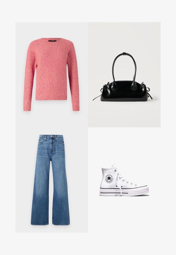 Rode gebreide trui met een ronde halslijn en lange mouwen. Beschikt over een textuurstof en ribbelboorden aan de mouwen en onderkant.; Blauwe high-waisted wijde jeans met knoop- en ritsluiting, voorzakken en subtiele vervaging op de stof.; Witte Converse Chuck Taylor All Star sneaker met hoge schacht, zwarte strepen en logo-patch aan de zijkant, weergegeven tegen een effen witte achtergrond.; Kleine zwarte glanzende handtas met twee lange hengsels en zijkant trekkoord details op een effen lichte achtergrond.