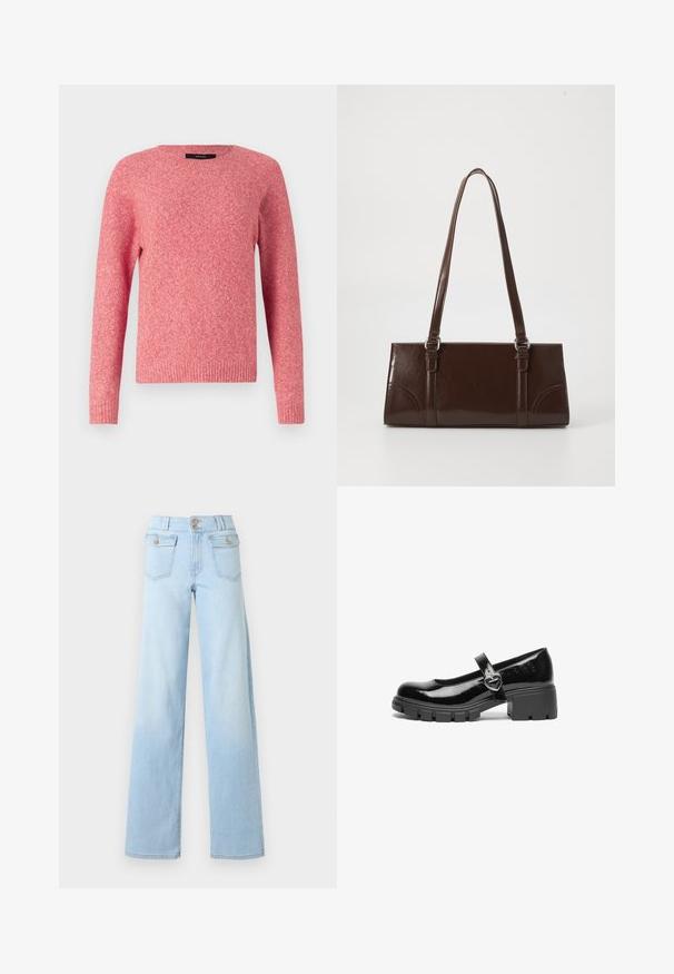 Rode gebreide trui met een ronde halslijn en lange mouwen. Beschikt over een textuurstof en ribbelboorden aan de mouwen en onderkant.; Lichtblauwe jeans met wijde pijpen en een hoge taille, voorzien van klepzakken aan de voorkant die worden gesloten met knopen, en een dubbele knoopsluiting aan de tailleband.; Zwarte gepatineerde leren Mary Jane-schoen met een chunky hak, ronde neus en een bandje met een hartvormige gesp.; Bruine lakleren handtas met een rechthoekige vorm, twee lange handvatten en subtiele gebogen accenten aan de voorkant.