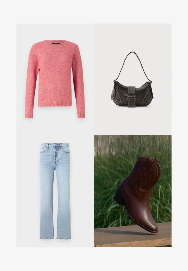 Rode gebreide trui met een ronde halslijn en lange mouwen. Beschikt over een textuurstof en ribbelboorden aan de mouwen en onderkant.; Lichtblauwe denim jeans met een rechte pijp, voorzien van een hoge taille, klassiek vijf-pocket ontwerp en subtiele vervaging.; Bruine leren cowboylaars met decoratief stiksel, schuin omhoog geplaatst op een houten oppervlak met een vage groene grasachtergrond.; Zwarte leren schoudertas met gespsluiting aan de riem, afgeronde hoeken en contrasterende witte stiksels op een effen achtergrond.
