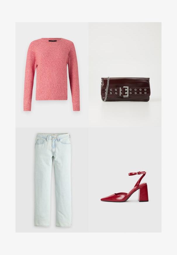 Rød strikket sweater med rundt halsudskæring og lange ærmer. Har en struktureret stof og ribbede manchetter og kant.; Lyseblå denimjeans med straight-leg design, fem lommer og synlige sømme. Materialet har en blød, let tekstureret finish.; Røde læder slingback-hæle med spids tå, kraftig blokhæl og en enkelt justerbar ankelrem. Glat tekstur, minimalistisk design.; Bordeaux farvet faux læder clutch med en sølv kædestrop, der har et spænde design og metaløjer over fronten for ekstra detaljer.
