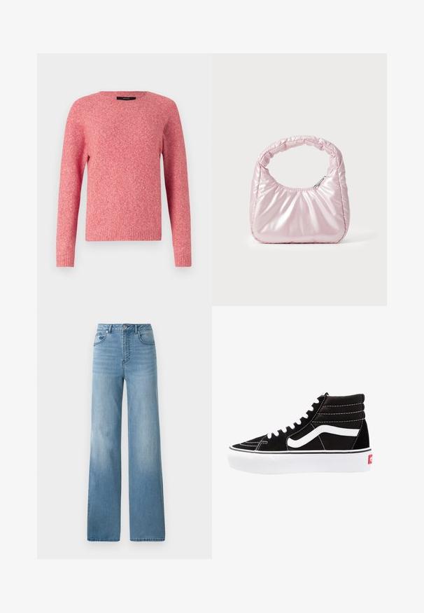 Rode gebreide trui met een ronde halslijn en lange mouwen. Beschikt over een textuurstof en ribbelboorden aan de mouwen en onderkant.; Lichtblauwe high-waisted jeans met een rechte pasvorm. Gemaakt van denim, met vijf zakken en een knoopsluiting.; Zwarte high-top sneakers met witte veters, een wit logo en contrasterende witte stiksels. Heeft een dikke witte zool en een bovenwerk van gestructureerd suede.; Roze, gevoerde handtas met een afgeronde vorm, gemaakt van glanzend materiaal. Beschikt over een geplooide handgreep en een ritssluiting voor veilige toegang.