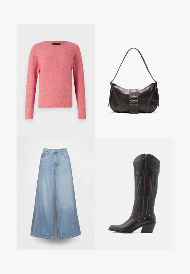 Pull en laine rouge avec un col rond et des manches longues. Présente un tissu texturé et des poignets et un ourlet côtelés.; Jean denim bleu clair à jambes larges, avec une taille haute, des poches avant et une fermeture à boutons. Le tissu présente un effet délavé.; Bottes de cowboy en cuir marron avec surpiqûres en forme de flammes, fermeture éclair latérale, clous argentés, bout pointu et talon superposé.; Sac à épaule en cuir marron avec une forme courbée, présentant un détail de boucle proéminent, des coutures contrastantes et une seule bandoulière.