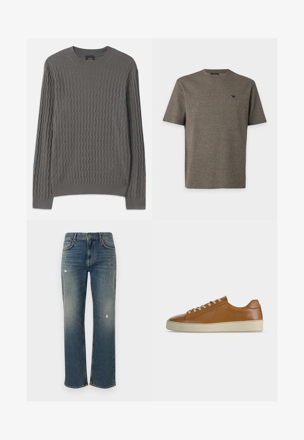 Armani Exchange Svetrík - dark gull zig zag; Pánske tričko s krátkym rukávom a okrúhlym výstrihom v textúrovanom olivovo zelenej farbe s malým čiernym logom na ľavej strane hrudníka.; Denimové jeansy v stredne modrej farbe s rovný strihom, s jemným vyblednutím a poškodenými miestami. Klasický dizajn s piatimi vreckami a zapínaním na horný gombík.; Nízke hnedé kožené tenisky s krémovými šnúrkami a hrubou krémovou gumovou podrážkou zobrazené z bočného profilu na bielom pozadí.
