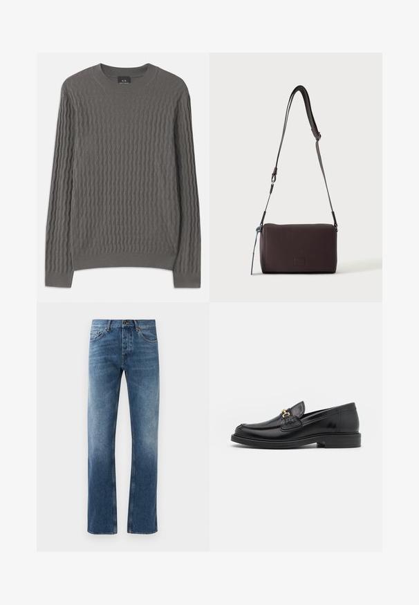 Armani Exchange Pullover - dark gull zig zag; Jean en denim bleu avec une coupe droite, délavé, cinq poches et coutures contrastées. Fermeture à bouton et zip à la taille.; Mocassins en cuir noir avec un embout rond, présentant des accents en métal doré et des détails de couture, montés sur une semelle en caoutchouc texturé et basse.; Sac bandoulière en cuir marron foncé texturé avec une sangle réglable et un petit accent décoratif bleu sur le côté.
