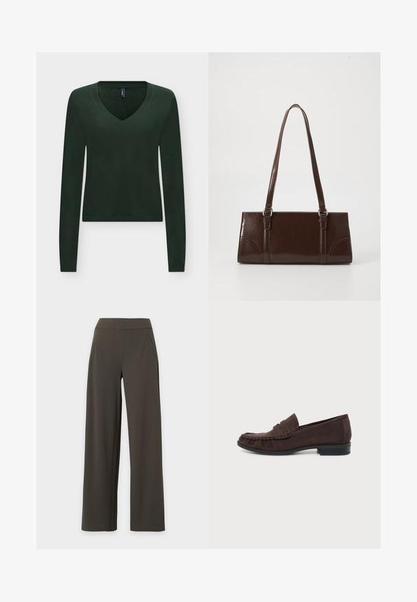 Pull tricoté vert foncé à manches longues avec col en V, poignets et ourlet côtelés, présenté sur un fond clair.; Pantalon large vert foncé avec taille haute et poches latérales sur fond gris clair.; Mocassin en cuir marron foncé avec petit talon noir et coutures de style mocassin sur fond clair uni.; Sac à main en cuir verni marron de forme rectangulaire, avec deux longues poignées et des accents courbés subtils à l'avant.
