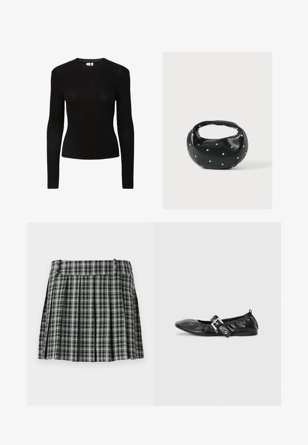 Top de manga larga negra con textura, de cuello redondo y silueta ajustada, confeccionado en material de punto texturizado.; Falda plisada de cuadros en blanco y negro con una cintura suave y múltiples pliegues verticales. Fabricada en un tejido ligero.; Zapato plano de piel negra con puntera afilada, detalle fruncido alrededor de la abertura y un acento de hebilla plateada en la correa ajustable.; Bolso de mano de cuero negro con forma redondeada, decorado con detalles de tachuelas plateadas y un asa corta. Textura lisa y cierre con cremallera.