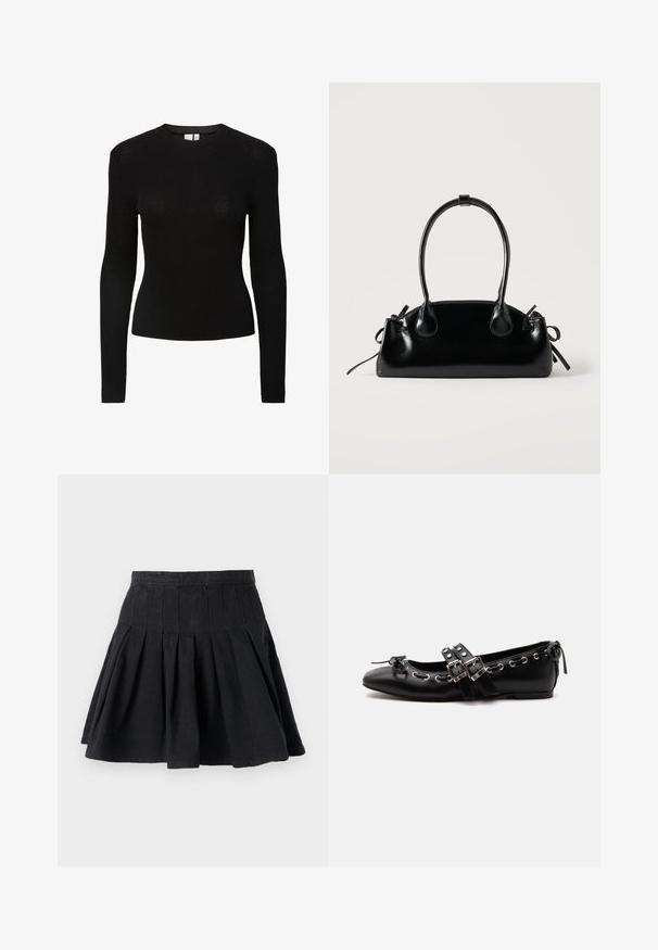 Musthave mustriba pikkade varrukatega särk ümmarguse kaelusega ja nägusa silueti ning tekstuuriga kudumismaterjalist.; Must have mustriga mustainest puuvillakangast. Omab istuvat vööd ja laienevat äärist. Lihtne disain ilma nähtavate mustrite või kaunistusteta.; Mustad tasase tallaga baleriinsaabas topelt pandlakihtide, hõbedaste silmaaugude ja väikese paelaga ümarate varvaste juures valgel taustal.; Väike must läikiv käekott kahe pika sangaga ja külgedel paelakinnitustega, ühel lihtsal helel taustal.