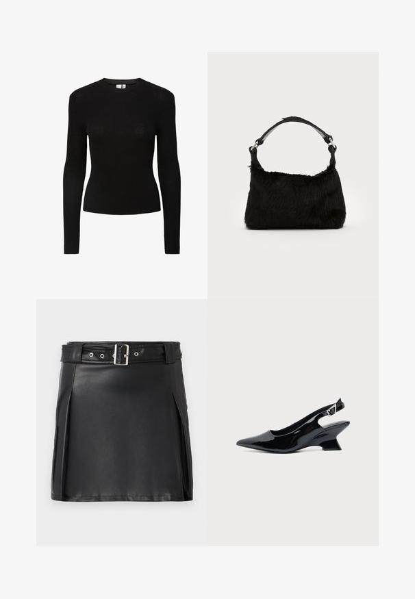 T-shirt noir à manches longues côtelé avec un col rond et une silhouette ajustée, fabriqué à partir d'un matériau en maille texturée.; Jupe mini en faux cuir noir avec un design ajusté, des plis latéraux et une ceinture avec une boucle argentée et des œillets. Texture lisse, taille haute.; Chaussure slingback en cuir verni noir avec bout pointu et petit talon bloc incliné sur fond clair uni.; Sac à main en fausse fourrure noire avec une texture douce, une forme arrondie et une bandoulière en cuir noir robuste. Accent en métal argenté visible.