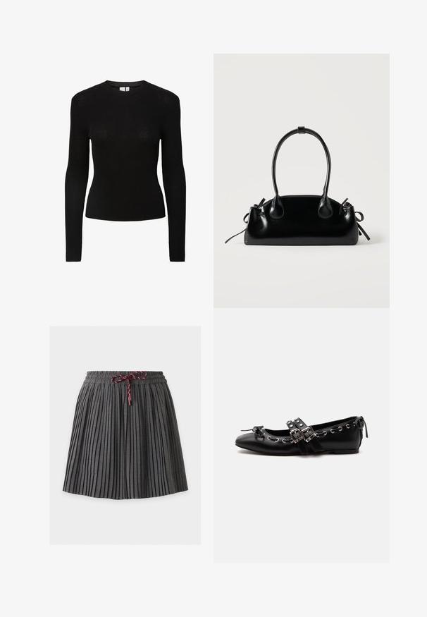 Schwarzes geripptes Langarmshirt mit rundem Halsausschnitt und figurbetonter Silhouette, aus einem strukturierten Strickmaterial gefertigt.; Dunkelgrauer plissierter Rock mit elastischem Bund und in der vorderen Mitte gebundener weinroter Kordel.; Schwarzer flacher Ballettschuh mit doppelten Schnallenriemen, silbernen Ösen und einer kleinen Schleife nahe der abgerundeten Spitze auf weißem Hintergrund.; Kleine schwarze glänzende Handtasche mit zwei langen Griffen und seitlichen Kordelzug-Details vor einfachem hellem Hintergrund.