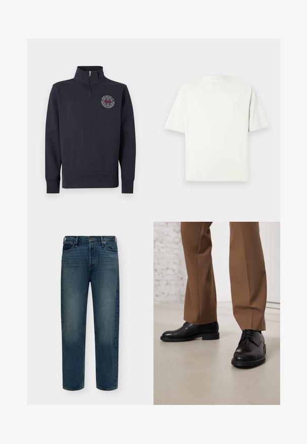 Pull-over en polaire bleu marine avec col montant, fermeture éclair et logo sur la poitrine avant présentant un design circulaire et du texte. Texture lisse, poignets côtelés.; T-shirt blanc uni à manches courtes et col rond avec une coupe décontractée, présenté sur un fond gris clair.; Jean droit en denim bleu avec cinq poches, fermeture par bouton et passants de ceinture, présenté sur un fond blanc uni.; Chaussures en cuir noir avec une surface lisse et un bout arrondi, dotées d'un système de laçage et d'une semelle plate et basse. Associées à un pantalon marron.