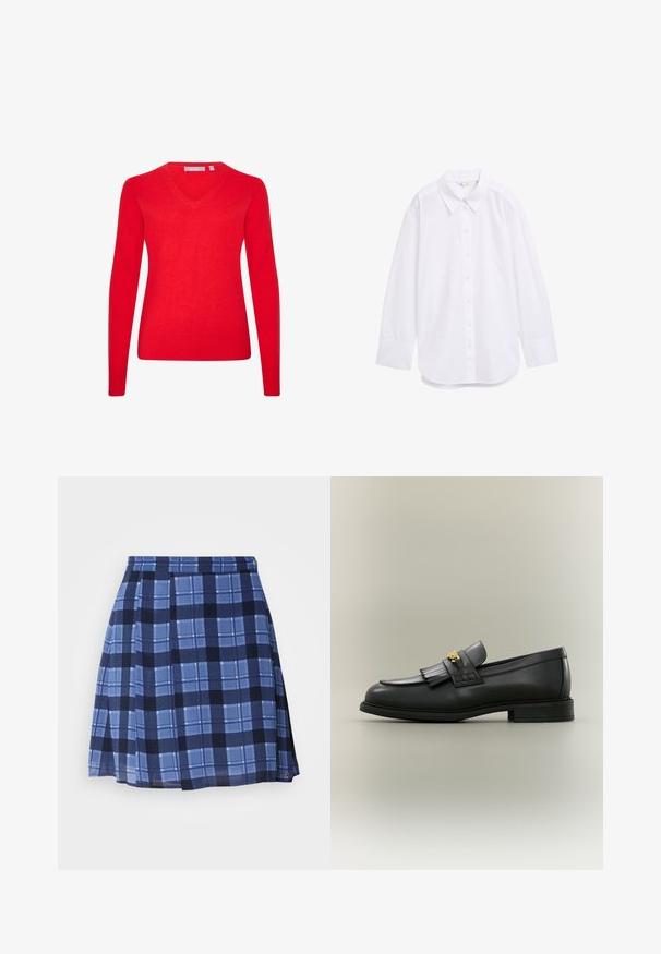 Roter, leichter Pullover mit langen Ärmeln und V-Ausschnitt. Hergestellt aus weichem Stoff, mit gerippten Bündchen und Saum für einen figurbetonten Look.; Weißes Langarmhemd aus Stoff, mit klassischem Kragen, Knopfverschluss vorne und abgerundetem Saum. Glatte Textur mit minimaler Ausstattung.; Blauer Karo-Rock mit Falten, der verschiedene Blautöne und dunkle Marine-Muster aufweist. Hergestellt aus einem leichten Stoff, mit subtiler Markenkennzeichnung.; Schwarzer Lederloafer mit Fransen-Detail und goldenem Emblem auf neutralem Hintergrund, seitlich betrachtet.