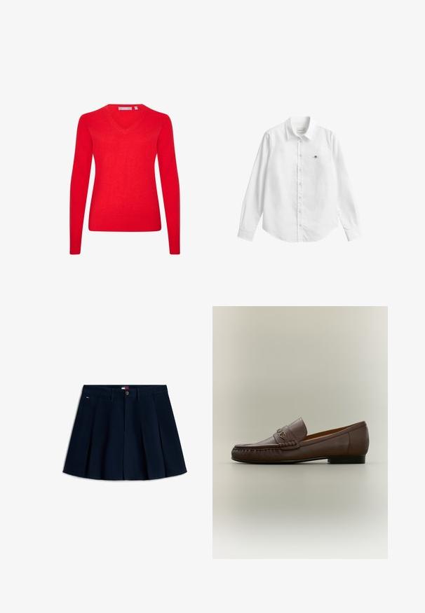 Roter, leichter Pullover mit langen Ärmeln und V-Ausschnitt. Hergestellt aus weichem Stoff, mit gerippten Bündchen und Saum für einen figurbetonten Look.; Weißes langärmeliges Hemd mit Knopfleiste, gefertigt aus leicht strukturierter Stoffqualität. Es verfügt über eine Brusttasche mit einem kleinen, gestickten Logo und einen klassischen Kragen.; Marineblaue, plissierte Minirock mit Frontknöpfen und Reißverschluss, Gürtelschlaufen, Seitentaschen und kleinem Logo an der linken Hüfte.; Brauner Lederloafer mit einem Metallbitsdetail vorne und niedrigem schwarzen Absatz, seitlich auf neutralem Hintergrund dargestellt.