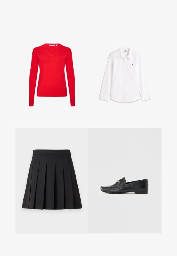 Roter, leichter Pullover mit langen Ärmeln und V-Ausschnitt. Hergestellt aus weichem Stoff, mit gerippten Bündchen und Saum für einen figurbetonten Look.; Weißes Hemd mit langen Ärmeln, Knöpfen, Kragen und kleinem gesticktem Logo auf der linken Brust.; Schwarzer, plissierter Rock mit flachem Bund. Hergestellt aus glattem Stoff, mit einheitlichen vertikalen Falten und geradem Saum. Keine sichtbaren Verschlüsse.; Schwarzer Lederloafer mit dekorativem goldfarbenem Beschlag, Ziernähten, leicht spitz zulaufender Schuhspitze und einer flachen, minimalistischen Sohle.
