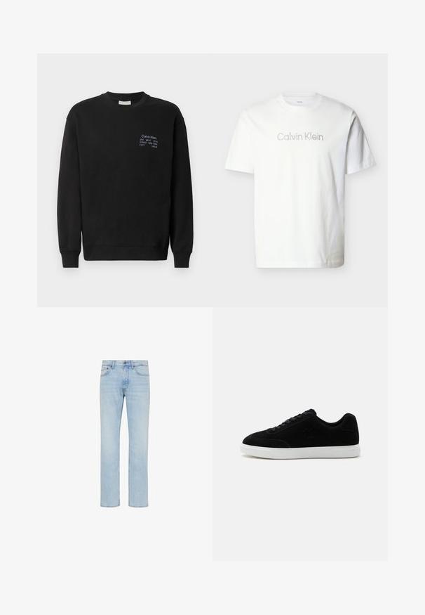 Sweatshirt en coton noir à manches longues, col rond et poignets côtelés. Présente un logo brodé en bleu sur la poitrine.; T-shirt blanc à manches courtes en coton, avec un logo "Calvin Klein" gris sur la poitrine en police minimaliste.; Jean denim bleu clair coupe droite avec bouton sur le devant, fermeture éclair et design cinq poches, présenté sur fond blanc.; Baskets basses noires avec lacets à l'avant, logo discret "ck" sur le côté, et épaisse semelle en caoutchouc blanche sur fond clair uni.