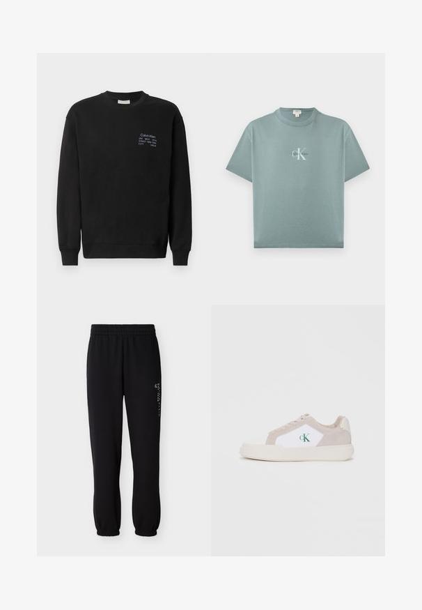 Sweatshirt en coton noir à manches longues, col rond et poignets côtelés. Présente un logo brodé en bleu sur la poitrine.; T-shirt à manches courtes bleu sarcelle clair avec col rond, logo Calvin Klein centré en texte blanc et noir sur le devant.; Pantalon de survêtement noir en tissu doux, avec une taille élastique, des poignets aux chevilles, et un logo imprimé sur le côté.; Baskets blanches et beiges, composées de daim et de toile, avec un design superposé, un bout arrondi, un système de laçage et un détail de logo vert.