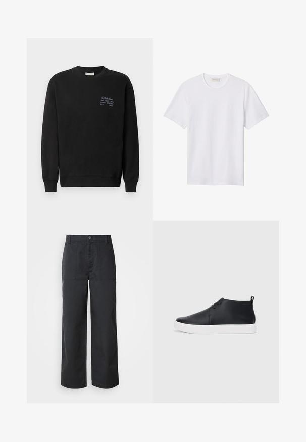 Sweatshirt en coton noir à manches longues, col rond et poignets côtelés. Présente un logo brodé en bleu sur la poitrine.; T-shirt blanc uni à manches courtes avec col rond, doté d'un petit logo embossé sur la poitrine gauche et d'une étiquette de marque à l'intérieur du col.; Pantalon à jambes larges en tissu de coton bleu marine foncé, avec poches plaquées à l'avant et fermeture par bouton. Texture lisse avec un design minimaliste.; Baskets montantes en cuir noir au fini lisse, semelle en caoutchouc blanc et design simple à lacets. Comprend une languette à l'arrière.