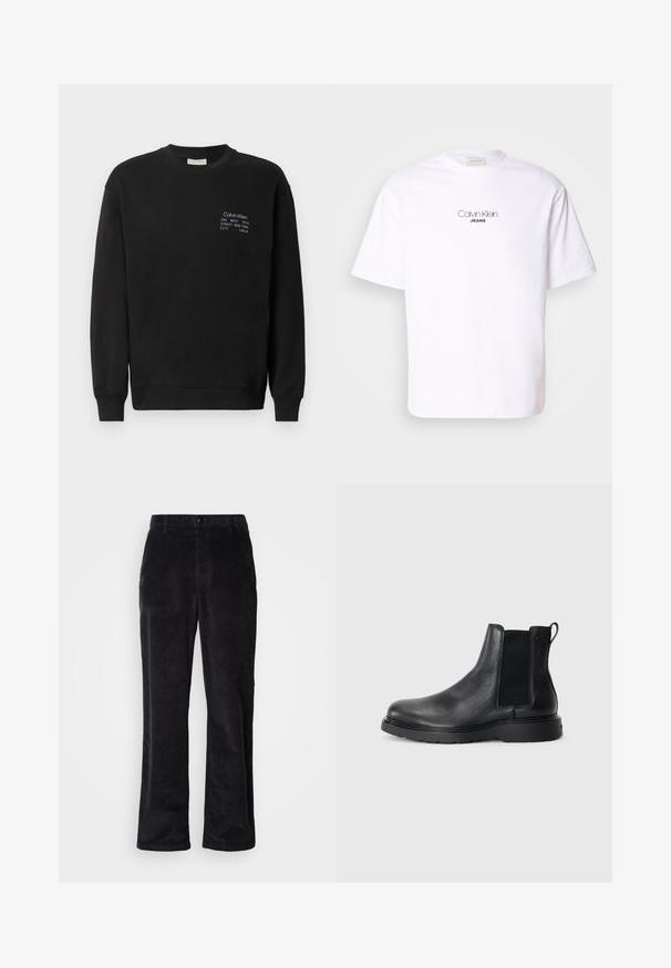 Sweatshirt en coton noir à manches longues, col rond et poignets côtelés. Présente un logo brodé en bleu sur la poitrine.; T-shirt en coton blanc avec un col rond et des manches courtes. L'avant présente "Calvin Klein" dans une police minimaliste au-dessus de "JEANS."; Pantalon en velours côtelé noir foncé avec une coupe droite, doté d'une fermeture à boutons, de passants pour ceinture et de poches latérales pour un port fonctionnel.; Bottes Chelsea en cuir noir avec une finition texturée, des panneaux latéraux élastiques et une semelle en caoutchouc robuste. Branding subtil sur le talon.