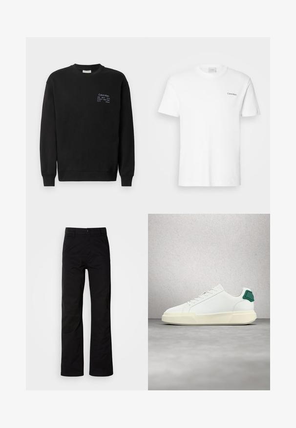 Sweatshirt en coton noir à manches longues, col rond et poignets côtelés. Présente un logo brodé en bleu sur la poitrine.; T-shirt en coton blanc à manches courtes et col rond. Présente un petit logo noir "Calvin Klein" sur la poitrine gauche.; Pantalons en coton noir avec une coupe droite, dotés d'une fermeture à bouton et de passants de ceinture. Texture lisse et style minimaliste sans motifs visibles.; Baskets blanches basses avec languette de talon verte, semelle épaisse blanc cassé, et nom de marque embossé, présentées devant un mur de blocs de verre réfléchissants.