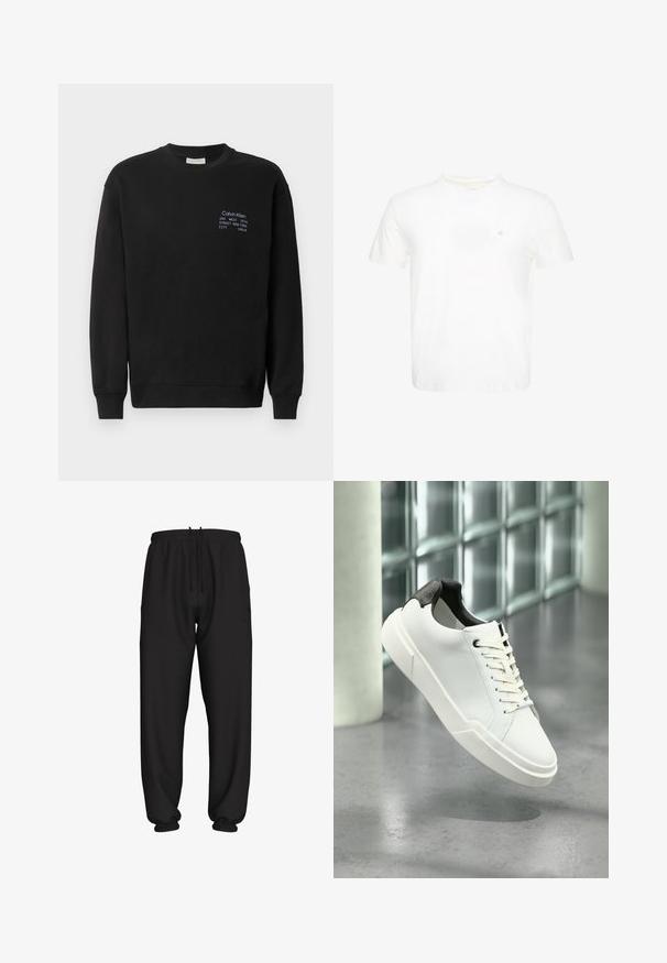 Sweatshirt en coton noir à manches longues, col rond et poignets côtelés. Présente un logo brodé en bleu sur la poitrine.; T-shirt blanc à manches courtes et col rond avec un petit logo "ck" brodé sur la poitrine gauche.; Pantalon de jogging noir coupe ample avec taille et poignets élastiques, doté d'un cordon de serrage réglable à la taille.; Baskets basses blanches avec languette de talon noire texturée, lacets blancs et semelle épaisse sur un sol en béton poli près de blocs de verre.