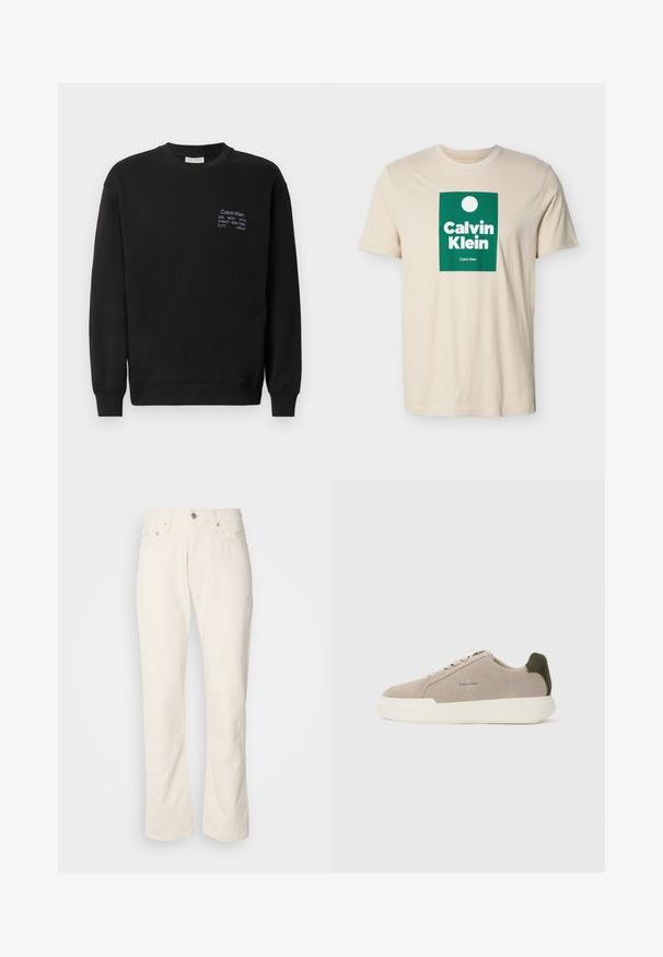 Sweatshirt en coton noir à manches longues, col rond et poignets côtelés. Présente un logo brodé en bleu sur la poitrine.; T-shirt beige à manches courtes avec un logo rectangulaire vert comprenant un cercle blanc et le texte "Calvin Klein" en lettres blanches en gras.; Jeans en coton beige avec un design classique à jambe droite, comportant une fermeture à bouton à l'avant, cinq poches et des détails de couture subtils.; Baskets en suède beige avec une semelle en caoutchouc blanche, présentant un accent de talon vert foncé et une branding subtile sur le côté.